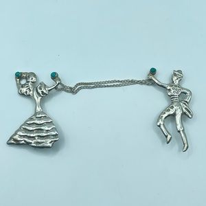 925 Sterling Vintage Mexico Turquoise Gem Dancing Woman and Gentleman Brooch